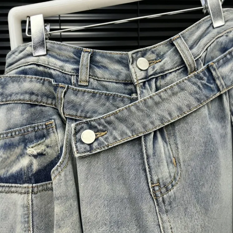 Wide Leg Distressed Jeans with High Waist No Stretch Streetwear Vintage Washed Faded Ripped Pockets Tie Strap Women Jeans