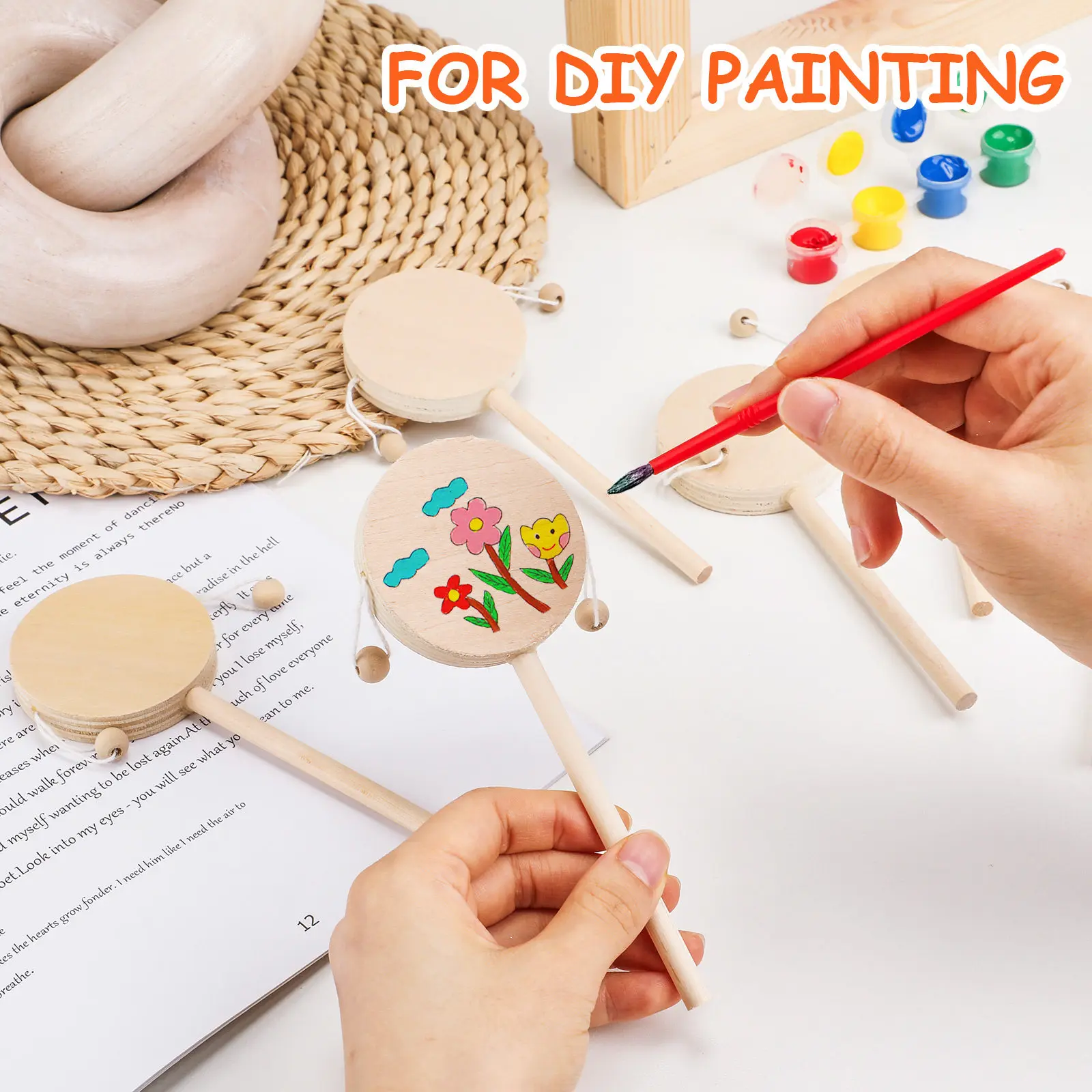 1Set A Drum Shaped Rattle for Toddlers Natural Wood Construction DIY Friendly Surface Polished Handle Early Childhood