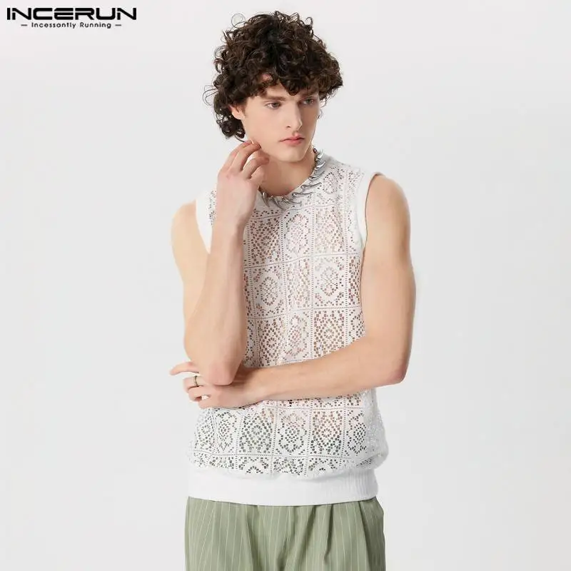 2024 Men Tank Tops Solid Lace Hollow Out O-neck Sleeveless Male Vests Summer Transparent Streetwear Fashion Men Clothing INCERUN