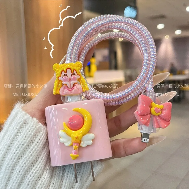New Sailor Moon Cartoon Mobile Phone Data Cable Charger Protective Case Anti-Tangling Rope Anti-Break Soft Shell Decoration