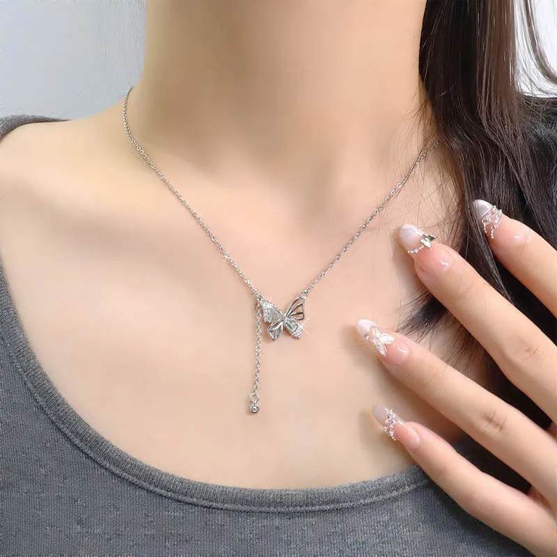 Openwork Sparkling Butterfly Pendant Choker Necklace for Women Round Zircon Silver Plated Jewelry Gift for Ladies And Girls