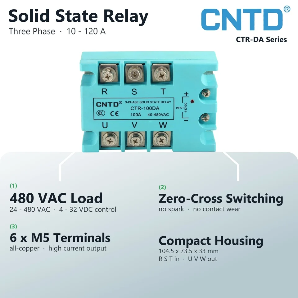 Three Phase Solid State Relay 10A 25A 40A 60A 80A 100A 120A 24-480VAC DC Control AC SSR Module for Heater Motor Zero Cross 480V