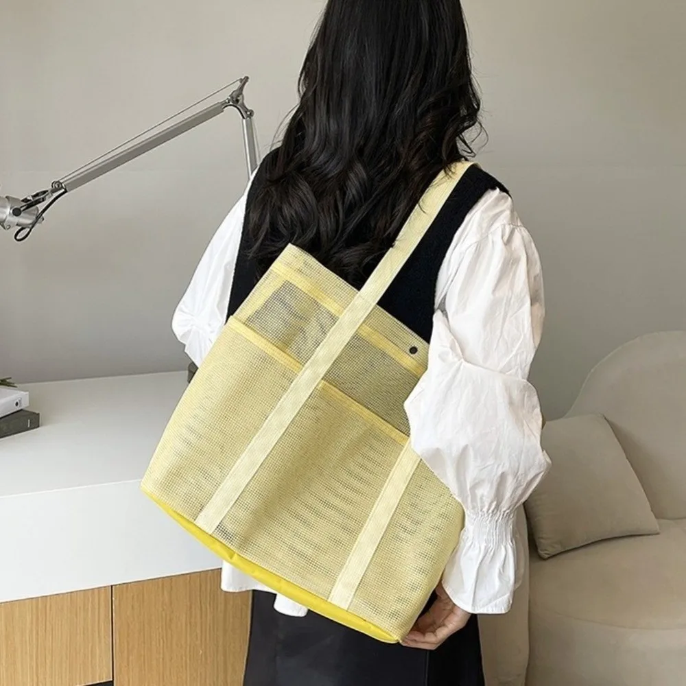 Large Capacity Mesh Beach Bag Lightweight Transparent Mesh Shoulder Handbag Hollow Pocket Foldable Toiletries Organizer Swimming