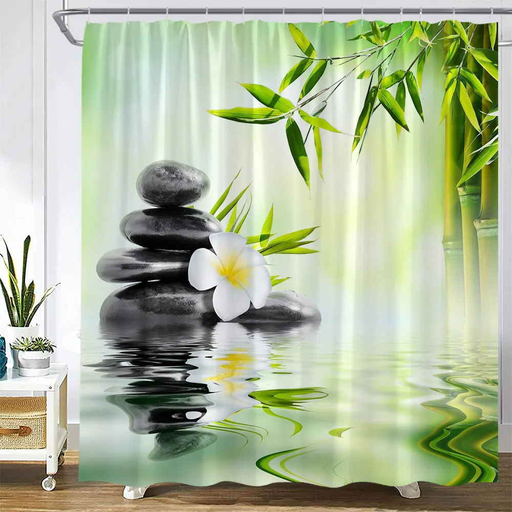 Zen Buddha Green Bamboo Shower Curtain Palm Trees Beach Ocean Flower Plant Nature Landscape Wall Hanging Bathroom Decor Curtains