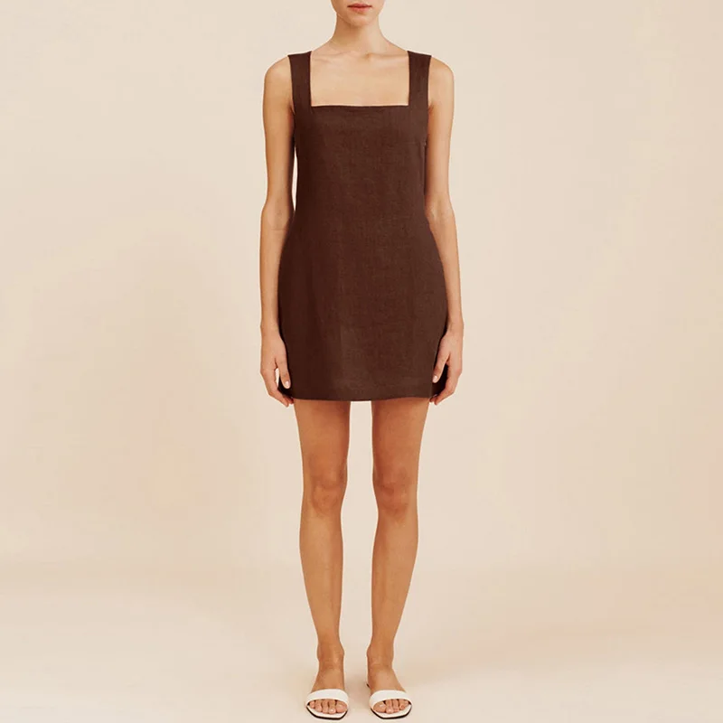 Robe Chic en coton et lin pour femmes, élégante, col carré, sans manches, décontractée, vacances, plage, Streetwear, mode féminine, été