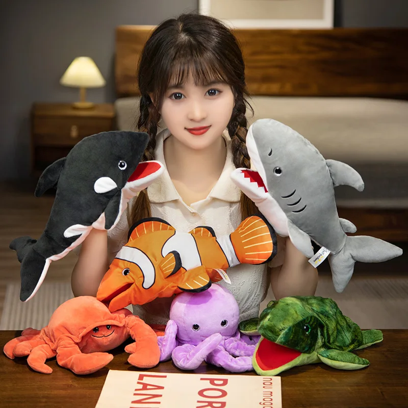 Big Size Kawaii Octopus Shark Clownfish Tortoise Hand Puppet Plush Dolls Stuffed Marine Animals Killer Whale Children Funny Gift