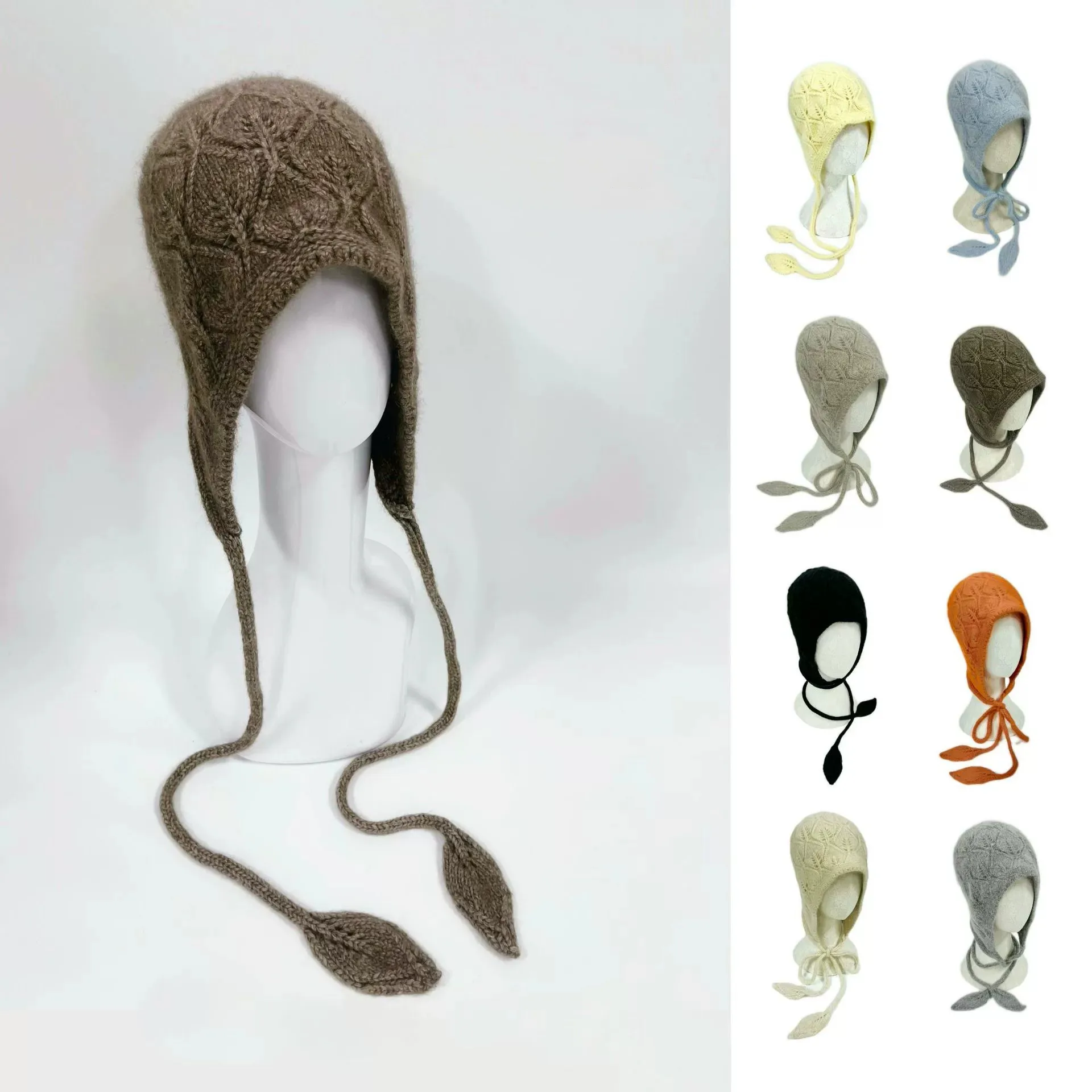 Knit Beanie Hat Women Wool Earflap Hat with Drawstring Winter Fall Slouch Head Wrap Cap Warm Flattering Fit Pull-over Hats