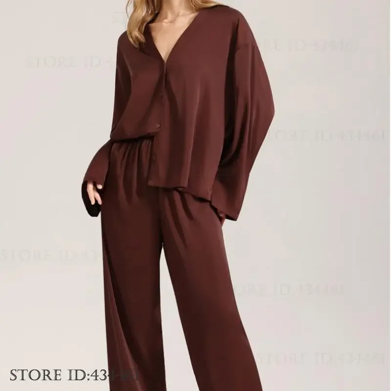 Female Long Sleeved Trouser Pijamas Suit Silky Satin Sleepwear Pajamas Set Fashion Coffee Colored Loungewear Autumn New Homewear