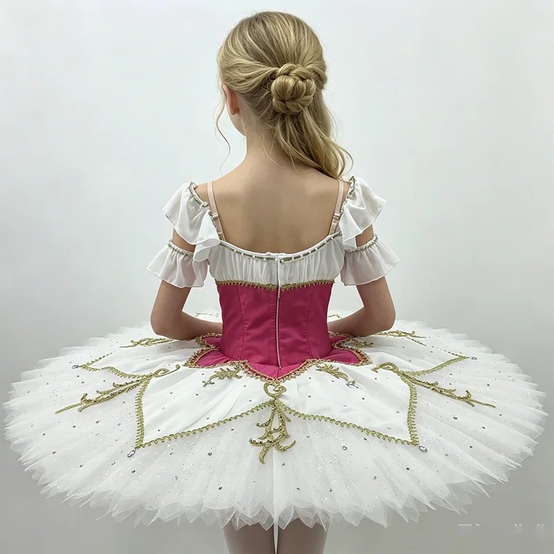 Women ruffle fly short sleeve square neck ballet tutu performance dress rhinestone gilded vine embroidery fuchsia white contrast