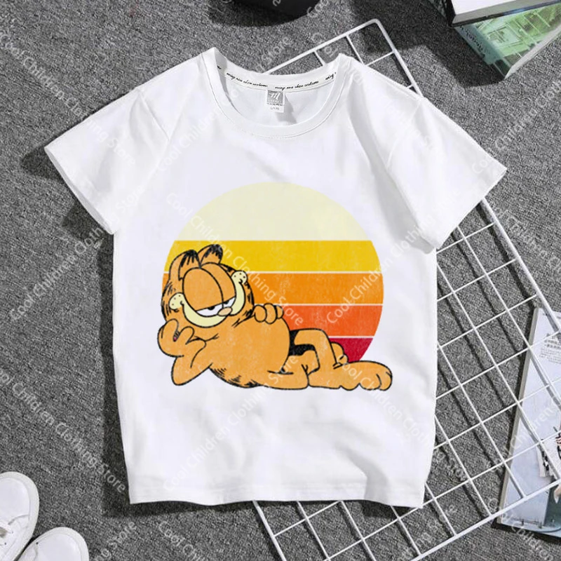 Miniso Summer Boys Girls Garfield Short Sleeve Clothing for Tee Cute casual fashion  Parent Child Clothing Short Sleeve T-shirt