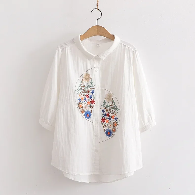 Mori Girl Flower Embroidered Cotton Yarn Shirt Women Summer Turn Down Collar Three Quarter Sleeved Casual Loose Blouse Tops