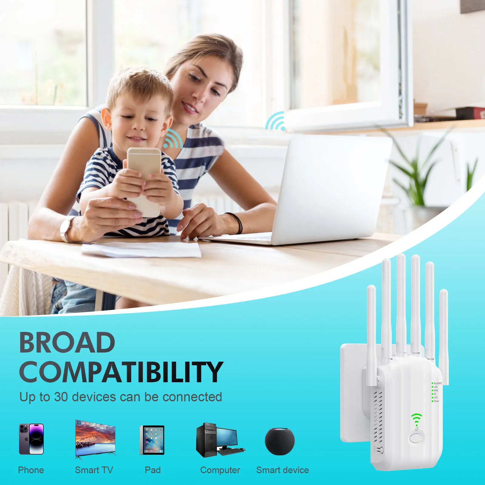 NEW 2026 5Ghz AC1200 Wireless Wifi Range Repeater 2.4G Dual Band with High Gain 6 Antennas Wider Coverage Booster Wi-Fi Extender