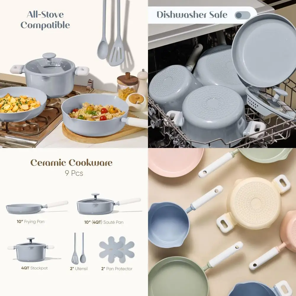 

Синий набор керамической посуды с антипригарным покрытием, 9 предметов, с индукционной основой и пароваркой, без PFAS и PTFE