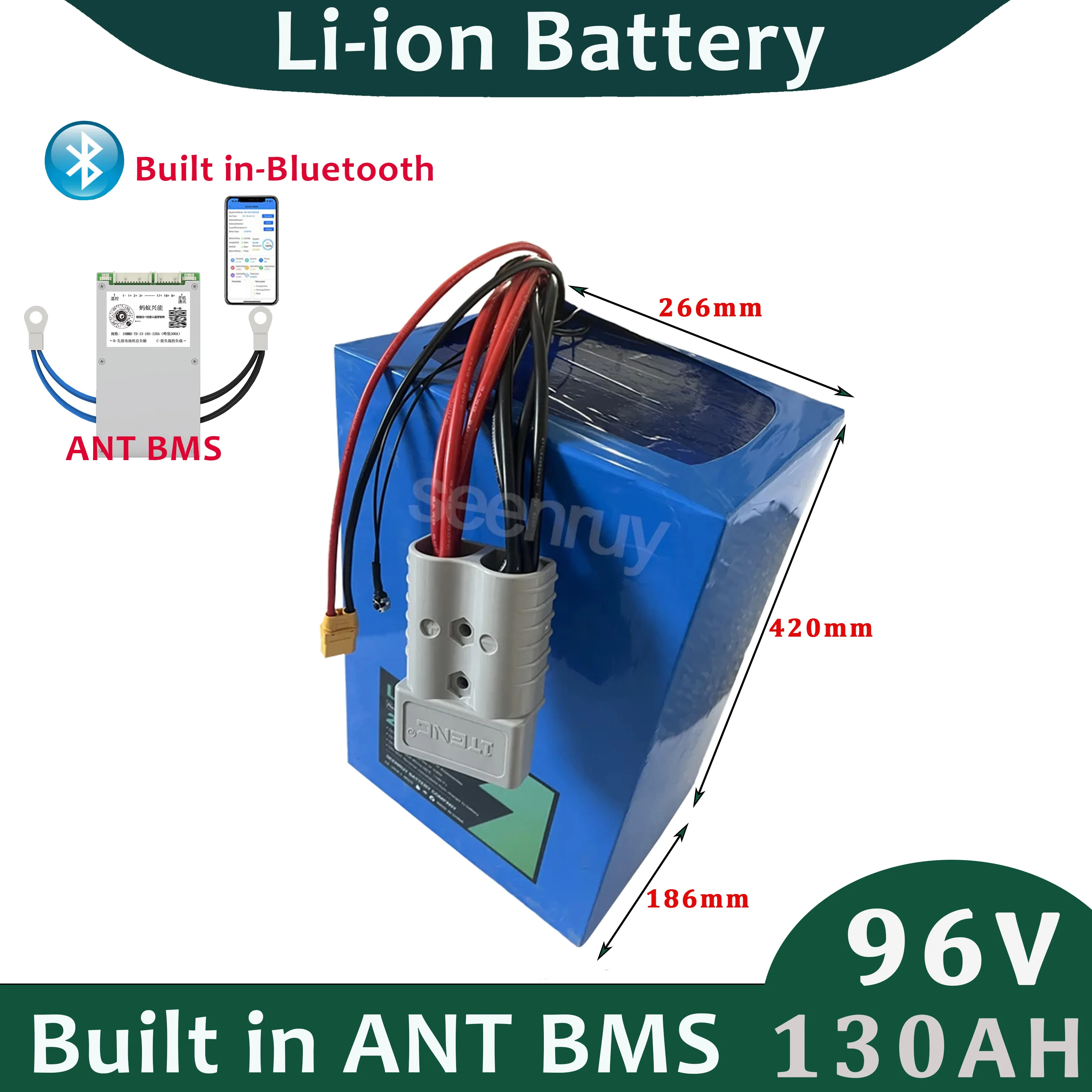 96V 130Ah Lithium Ion Battery Pack Built in ANT BMS For Electric Camper Cart with 20A Charger