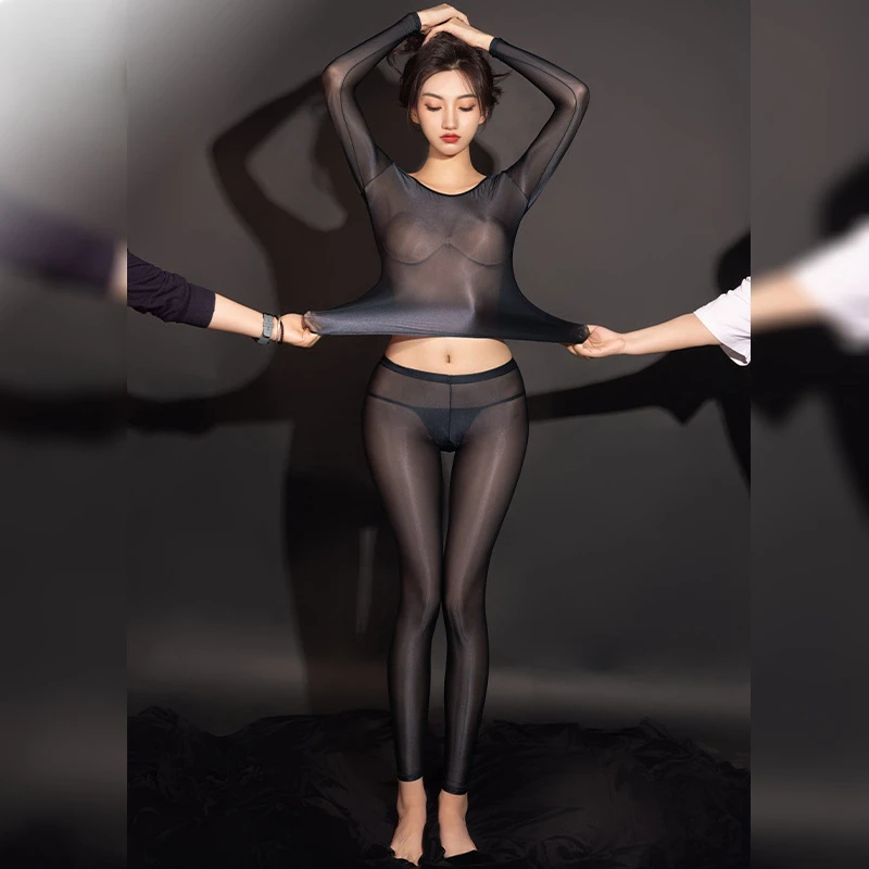 Sheer Mesh Tops Women Sexy Open Crotch Pants Oil Shiny Glossy Erotic Apparel Transparent Ultra Thin Long Sleeve T Shirt Trousers