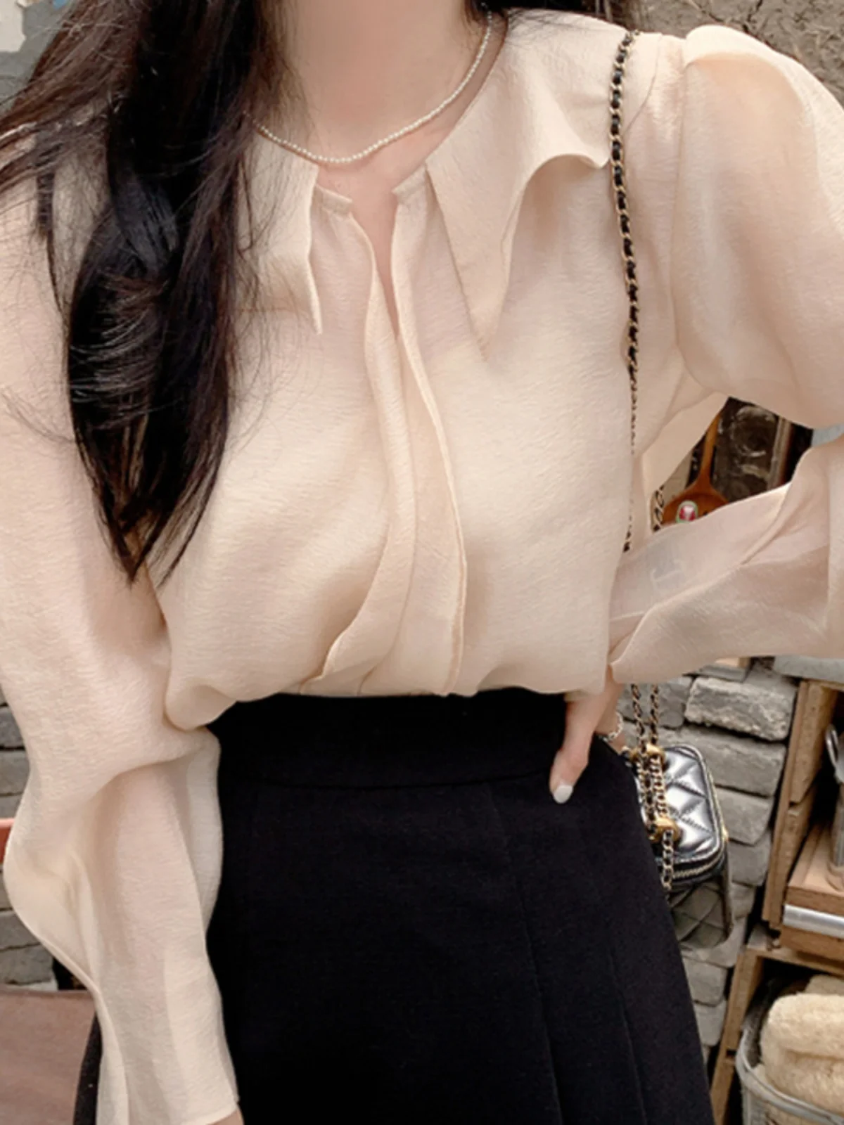 

Spring 2023 Korean Sle Fair irt Women's Gentle Aosphere Top High Waist Slimming Skirt Straight Cut Long Sve Blouse