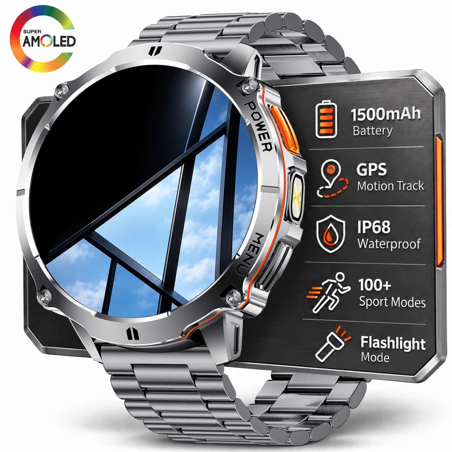 New Sapphire Screen Smart Watch Men Women AMOLED 1500mAh Metal Band GPS Path IP68 Waterproof Flashlight Luxury Sports Smartwatch
