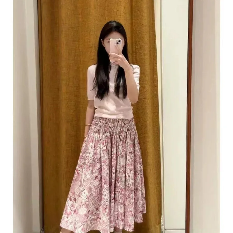 

Printed shirt set, loose cotton jungle elastic waist skirt, French elegant 2024 early autumn vacation style two piece skirt