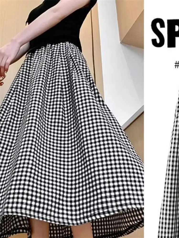 تنورة صيفية رفيعة منقوشة باللون الأسود للنساء عالية الخصر للتخسيس مقاس صغير غير رسمي على شكل حرف a تنورة طويلة نصف الجسم نمط ...