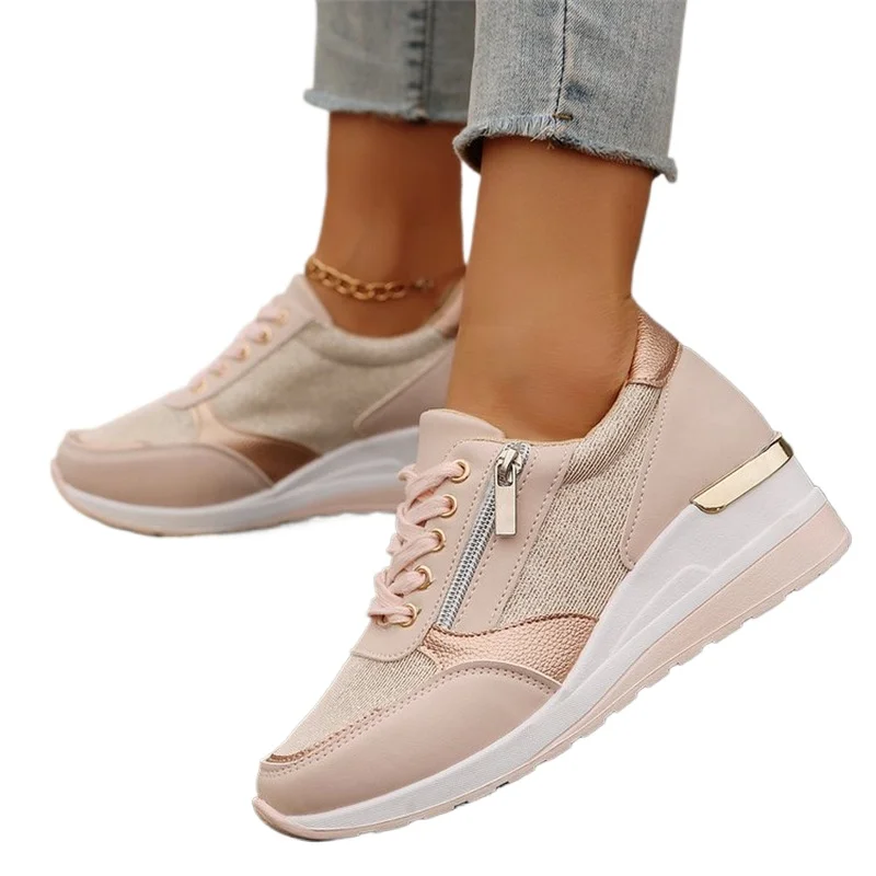 春秋の新作カジュアル快適な女性のスロープヒールシューズファッショナブルな多用途フロントストラップサイドジッパースポーツシューズ