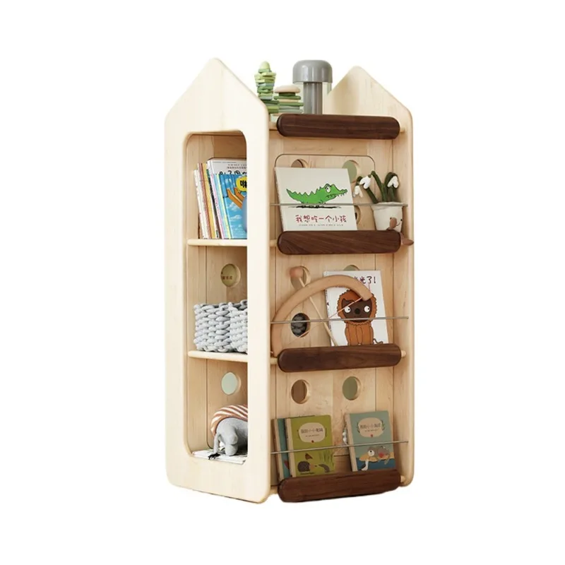 Rotating bookshelf 360 degree bookcase, solid wood, picture book shelf