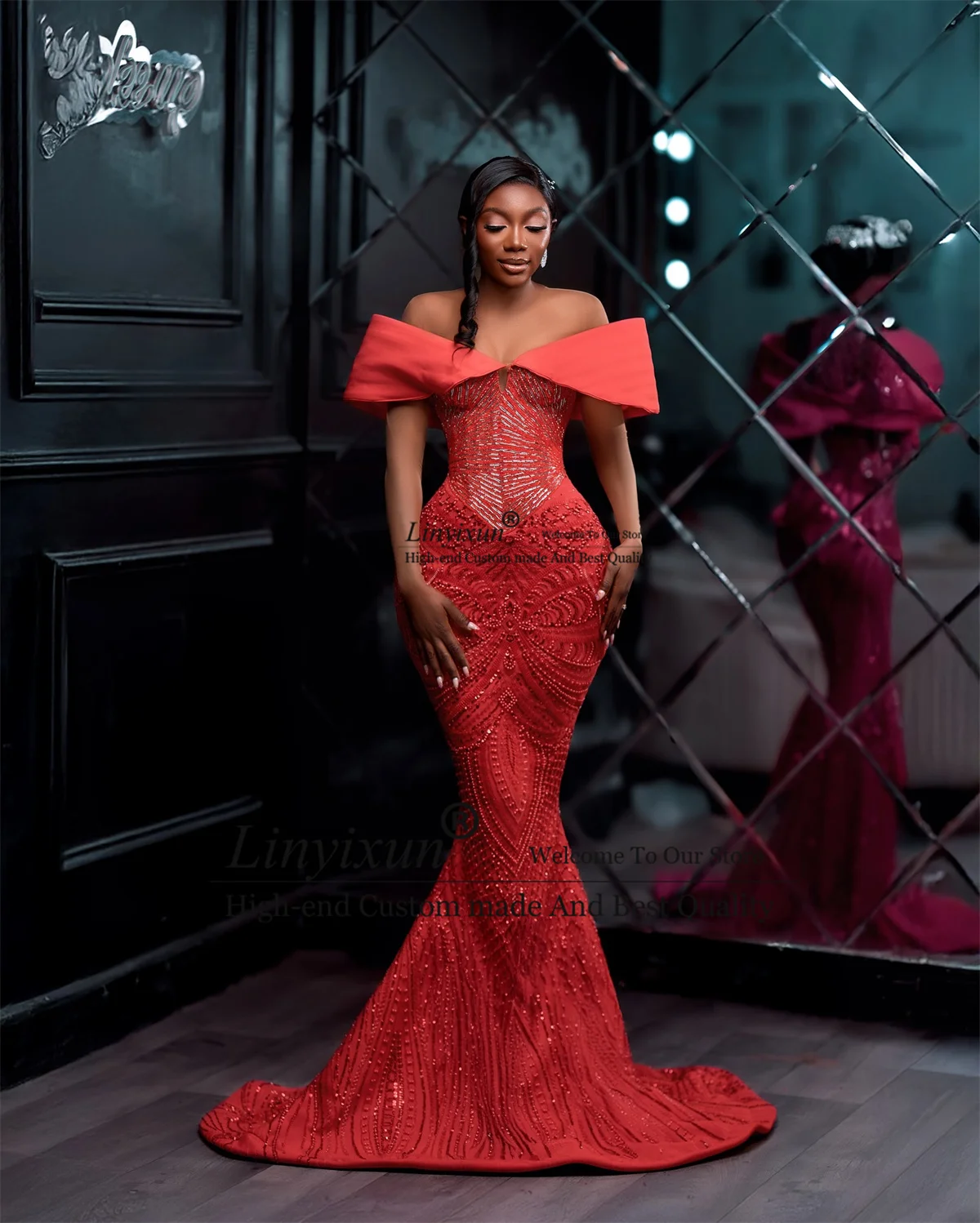 Vestidos de fiesta de sirena con diamantes y lentejuelas brillantes, vestido de fiesta de boda africano personalizado con hombros descubiertos, vestido de noche Aso Ebi Dubai