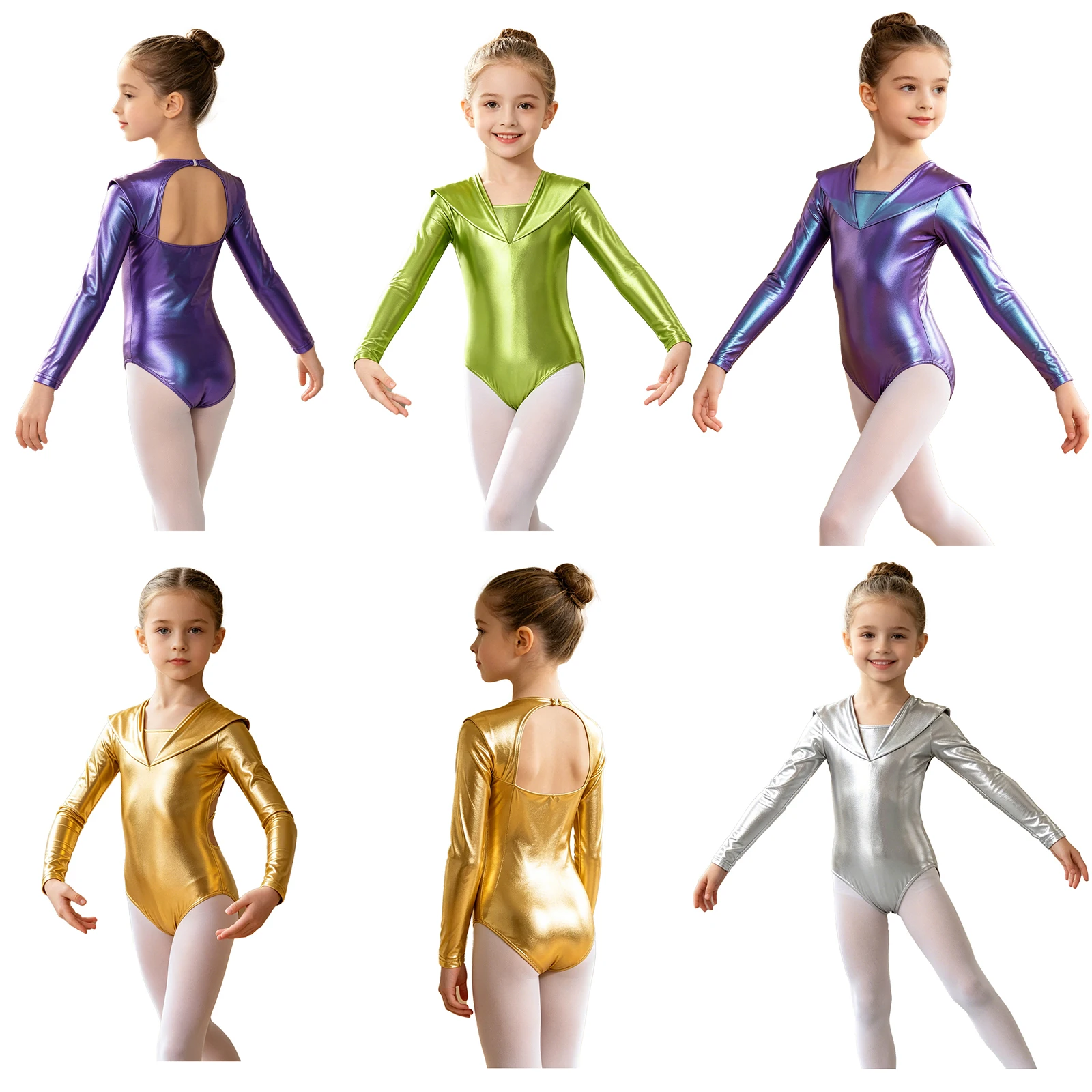 Kids Girls Gymnastics Metallic Leotard Jumpsuit for Ballet Dancing Shiny Alien Cosplay Outfit Long Sleeve Cutout Back Bodysuit