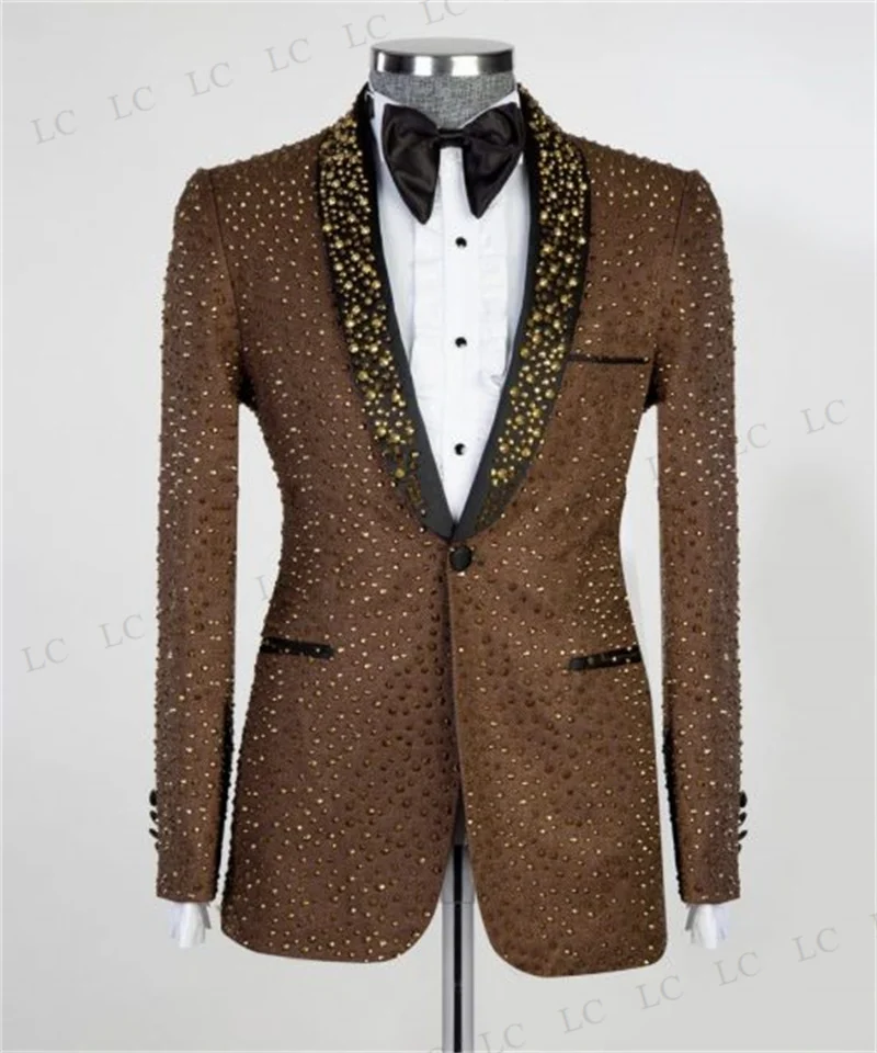 

Sparkly Men Suits Luxury One Piece Blazer One Button Beads Diamonds Sheer Lapel Formal Slim Wedding Groom Plus Size Tailored