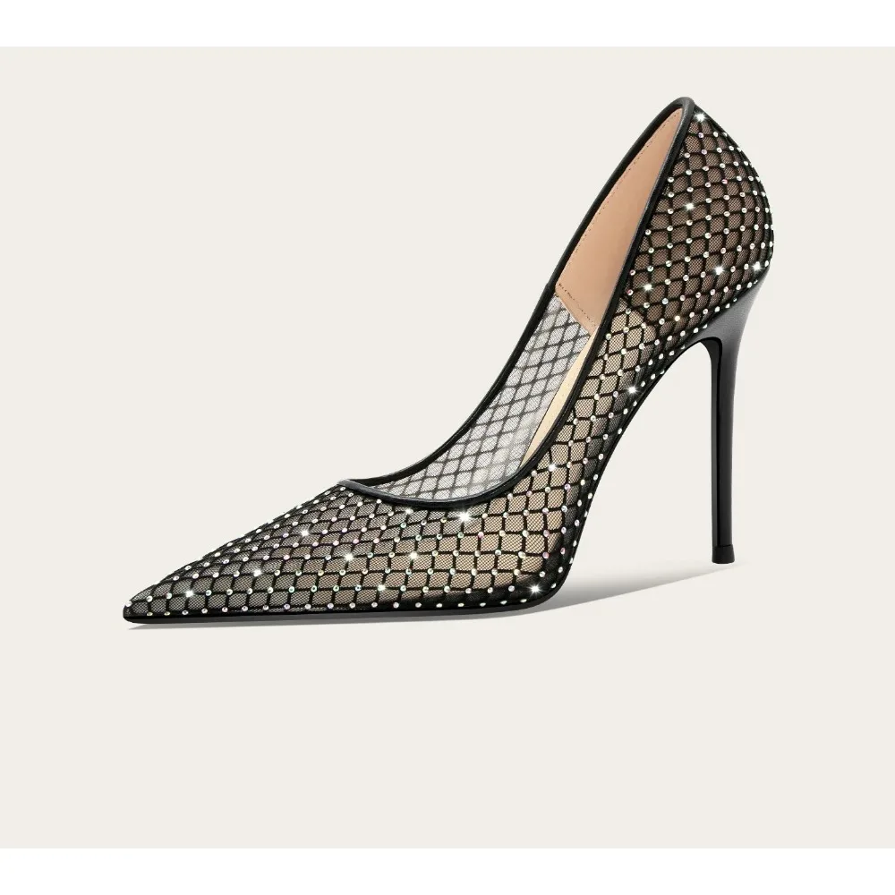 Escarpins noirs sexy en résille à strass pour femme, talons hauts de plus de 5 cm, bout pointu, design original, chaussures de soirée