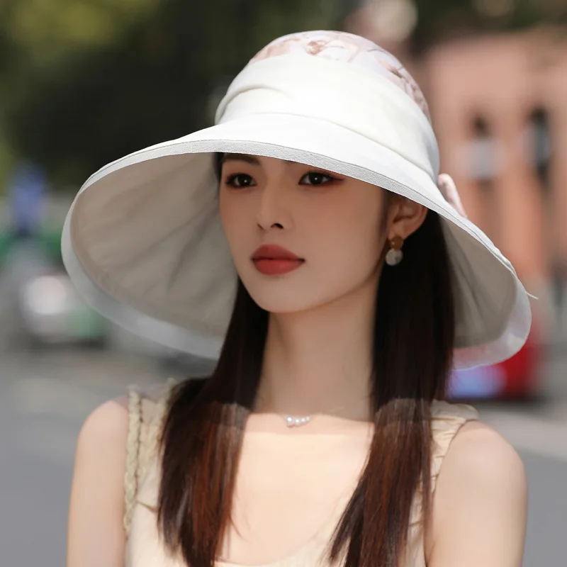 UV Protection Women\'s Beach Sun Hat Summer Wide Brim Portable Panama Cap for Woman Breathable Big Bowknot Floral Fisherman Hat