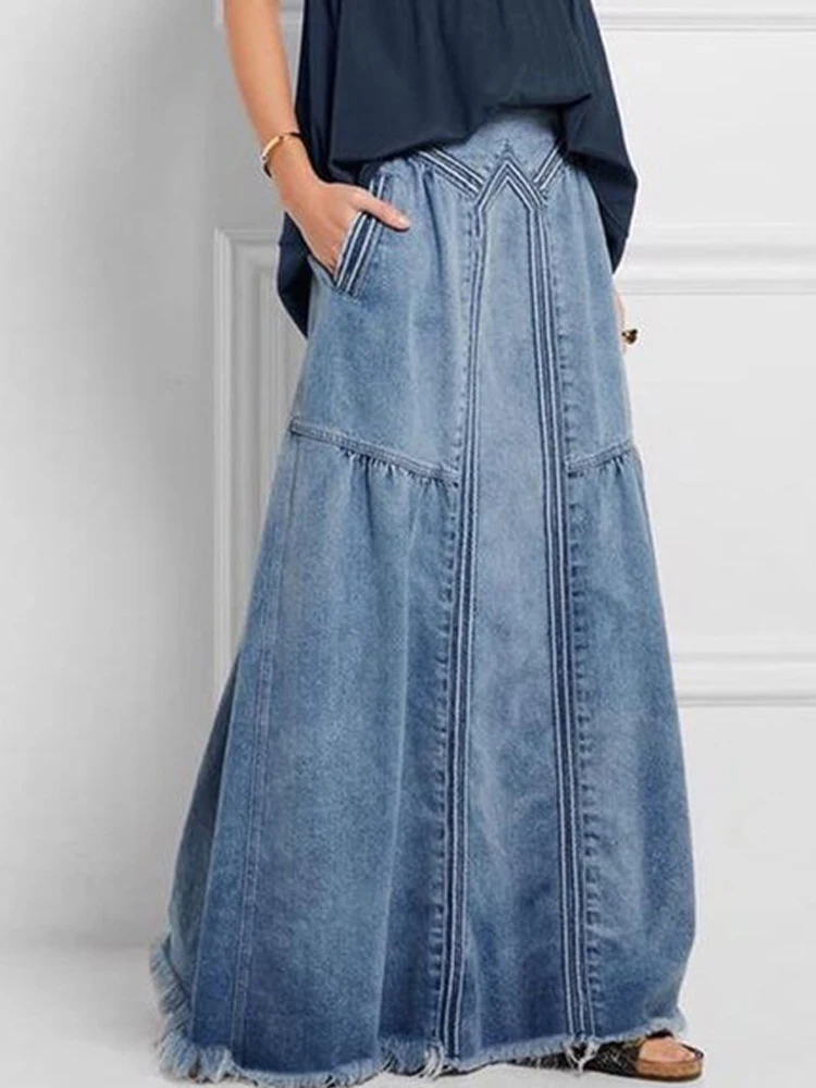 Denim Skirt Women Oversized Long Skirts Female Vintage Fashion Maxi Jean Skirt Ladies Casual Loose High Waist A Line Skirts