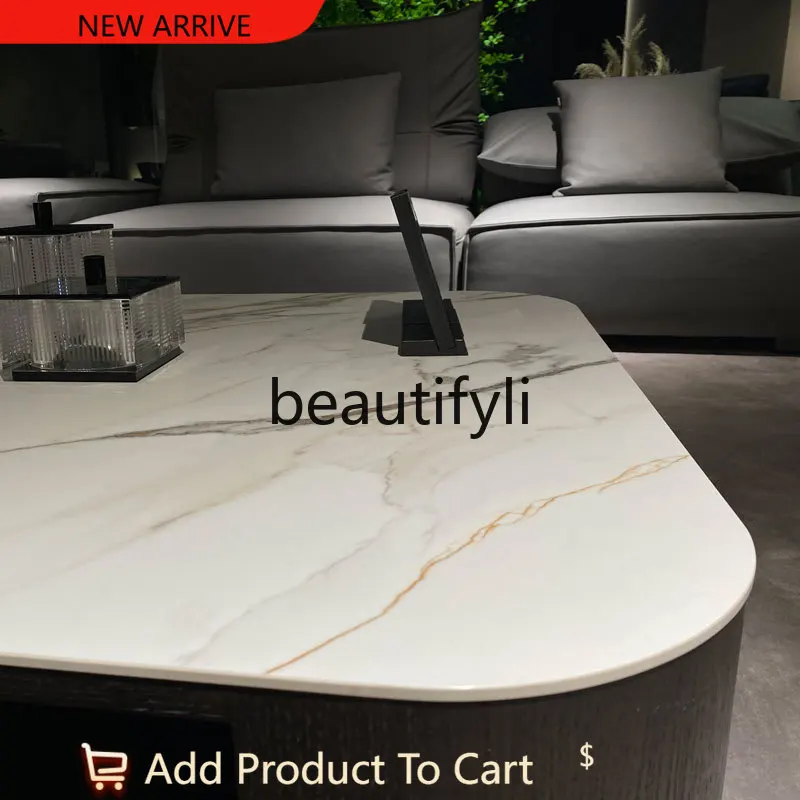 

Light luxury modern simple rounded marble countertop coffee table storage drawer furniture G1218