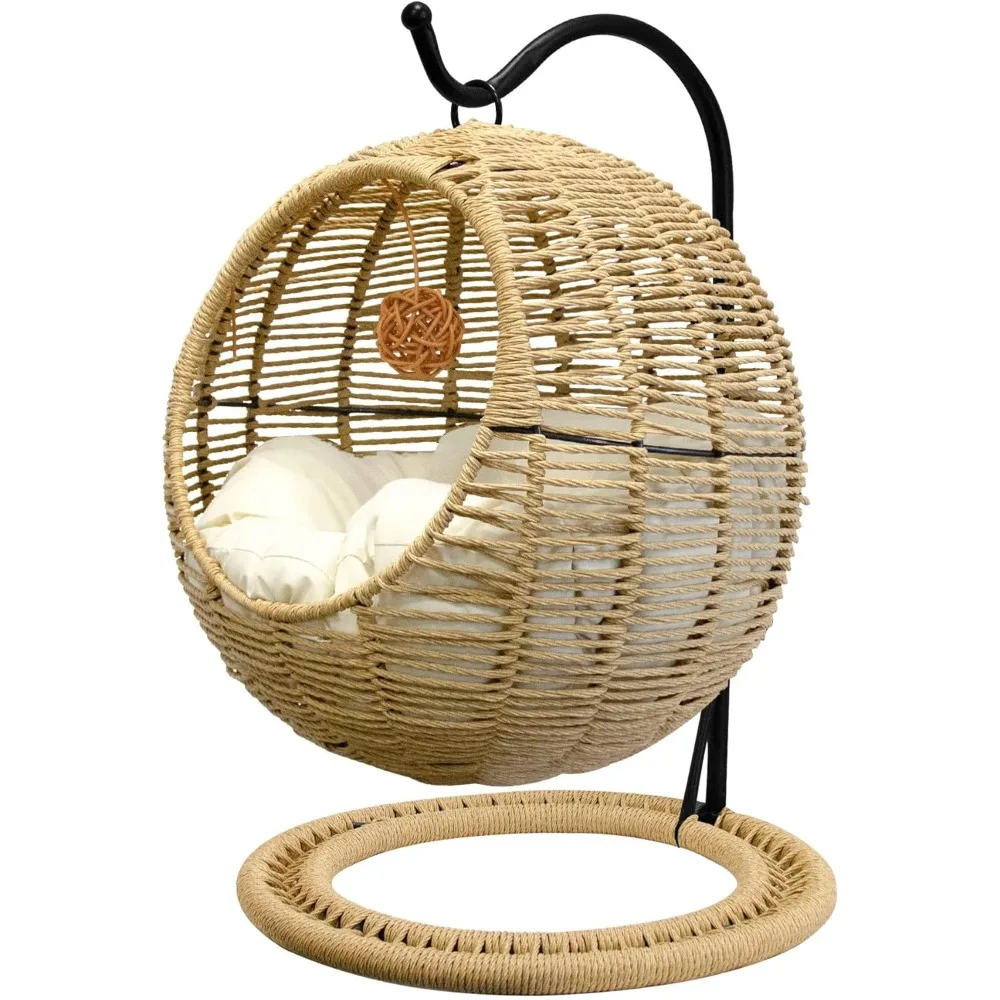 

Wicker Cat Bed Indoors & Outdoors, Hand Made Cat Swing Bed with Removable Cushion & Hanging Ball, Washable Pet Swing for Cat