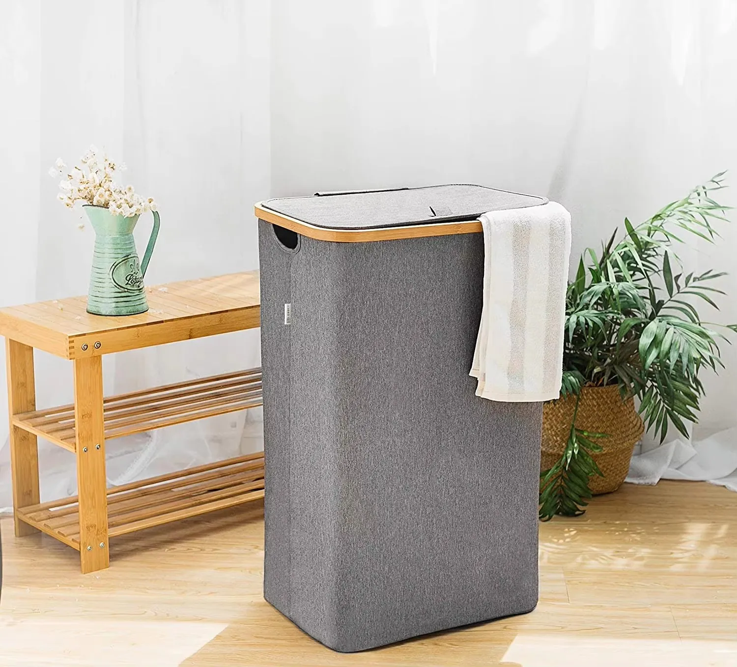 Laundry Basket with Lid and Removable Bag, 100L Tall Laundry Hamper with Bamboo Handles, Dirty Clothes Bin for Laundry Room 2