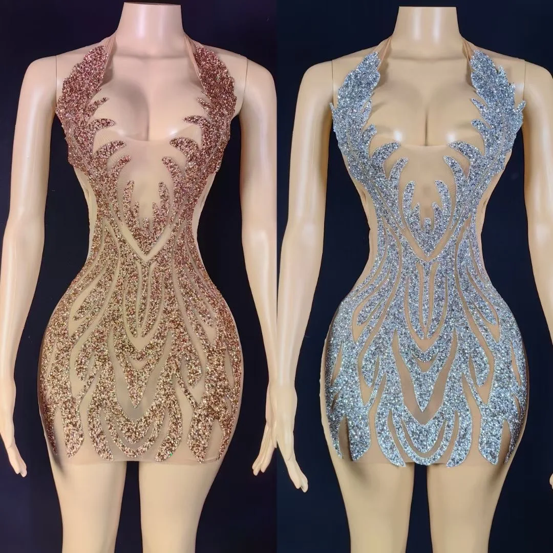 

Women Hot Diamond Mesh Tight Neck Hanging Open Back Velvet Dress Female Singer Stage Performance Costume Club Party Clothing