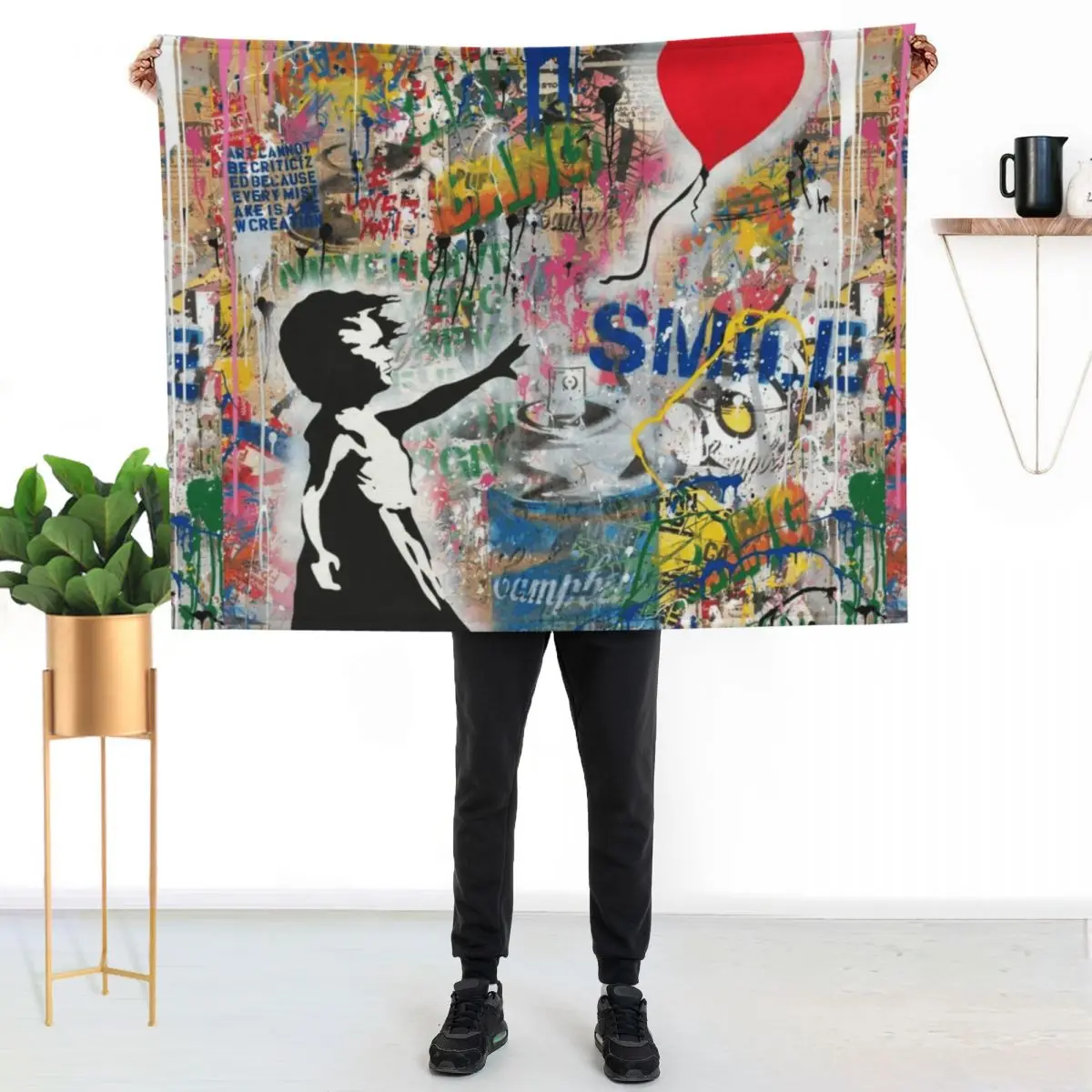 Balloon Girl Street Art Mashup Throw Blanket wednesday Designers Soft blankets and throws manga Plaid Blankets