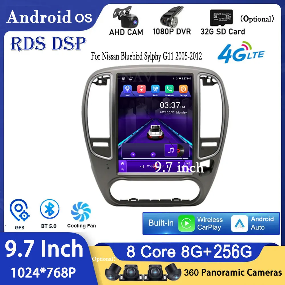 

9.7" For Nissan Bluebird Sylphy G11 2005-2012 Android 14 DSP IPS Car Multimedia Player RDS Video GPS Navigation Carplay Wifi+BT