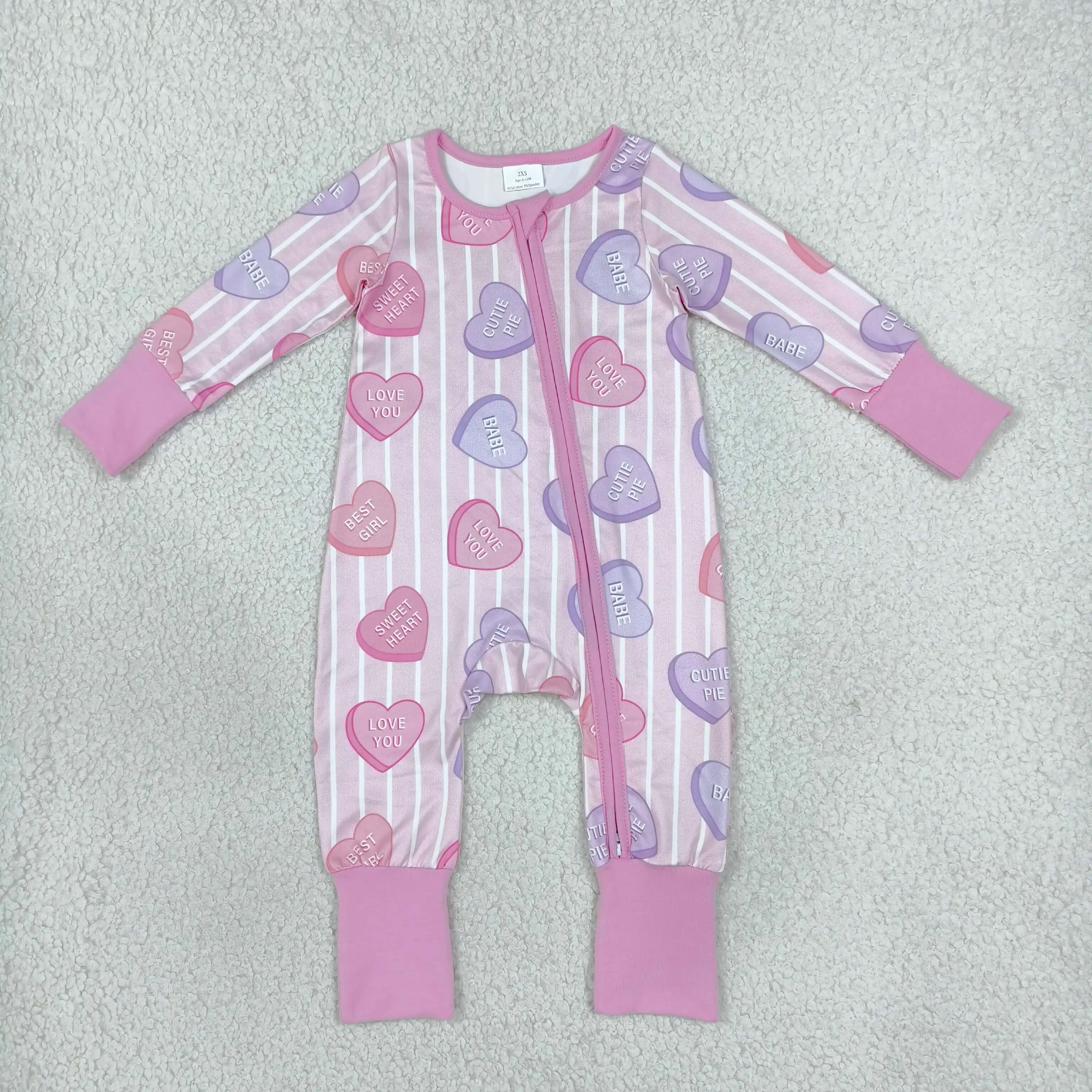 Wholesale Children Baby Girl Long Sleeves Infant Zip Romper Kids Hearts Pink Stripes Clothes Toddler Newborn Valentine Bodysuit