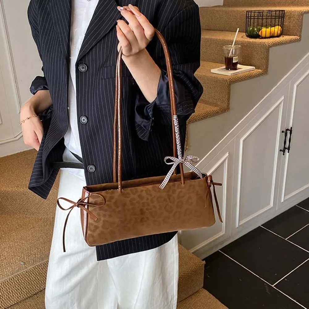 

Shopping Sweet French Stick Handbag Bow Ribbon Korean Style Leopard Print Underarm Bags Waterproof Texture PU Shoulder Bag Women