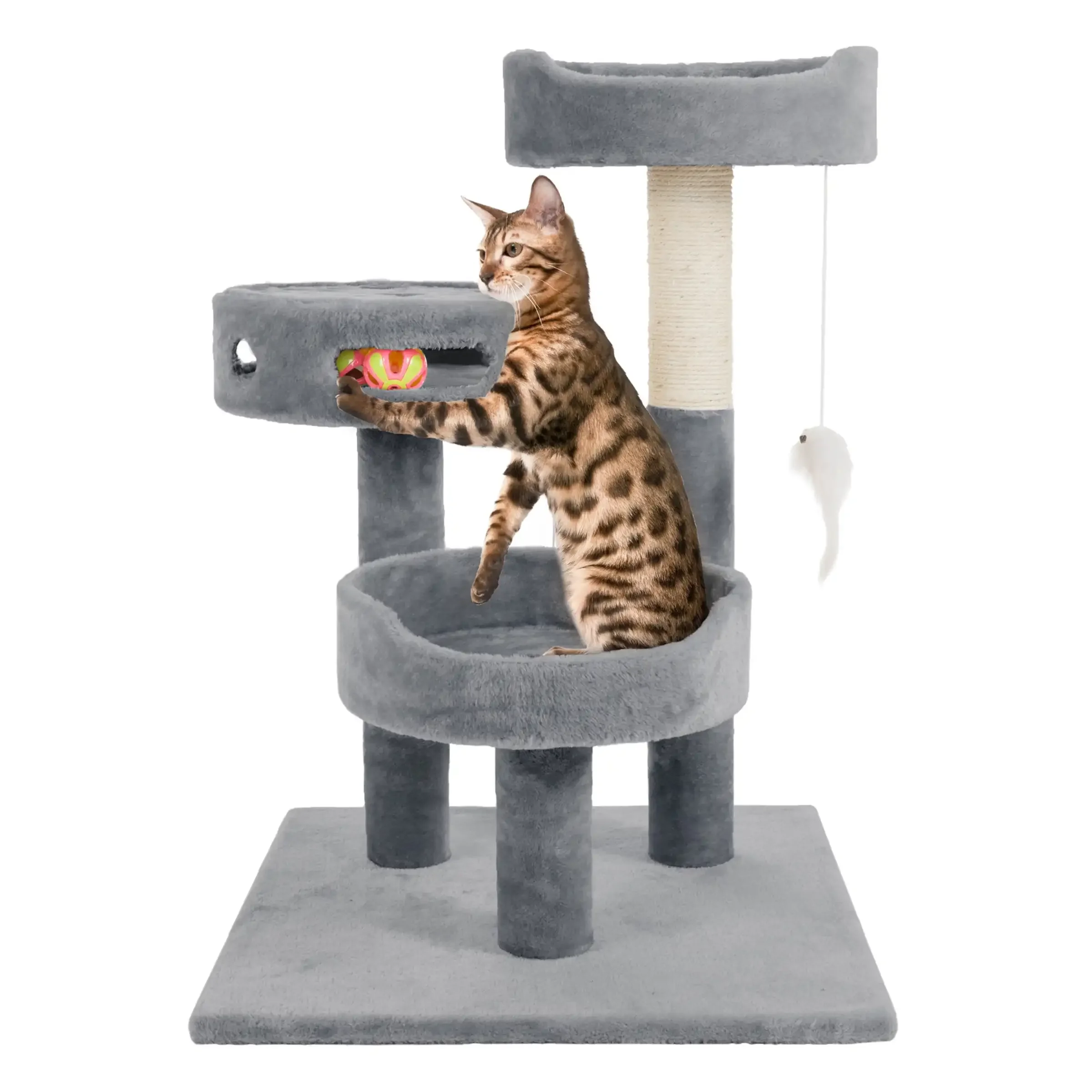 

3-Tier Cat Tower with Sisal Rope Scratching Post, 2 Carpeted Napping Perches, Hanging Mouse, and Interactive Toy for Indoor