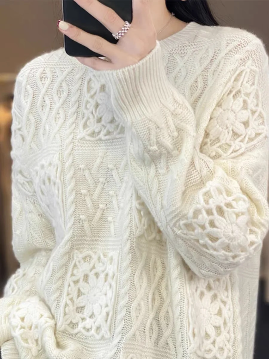 Y2k Cashmere Hollow out Loose fit Women\'s Sweater 100% Merino Wool Fashion Thickening Pullover Oversized Top Female 2023 New