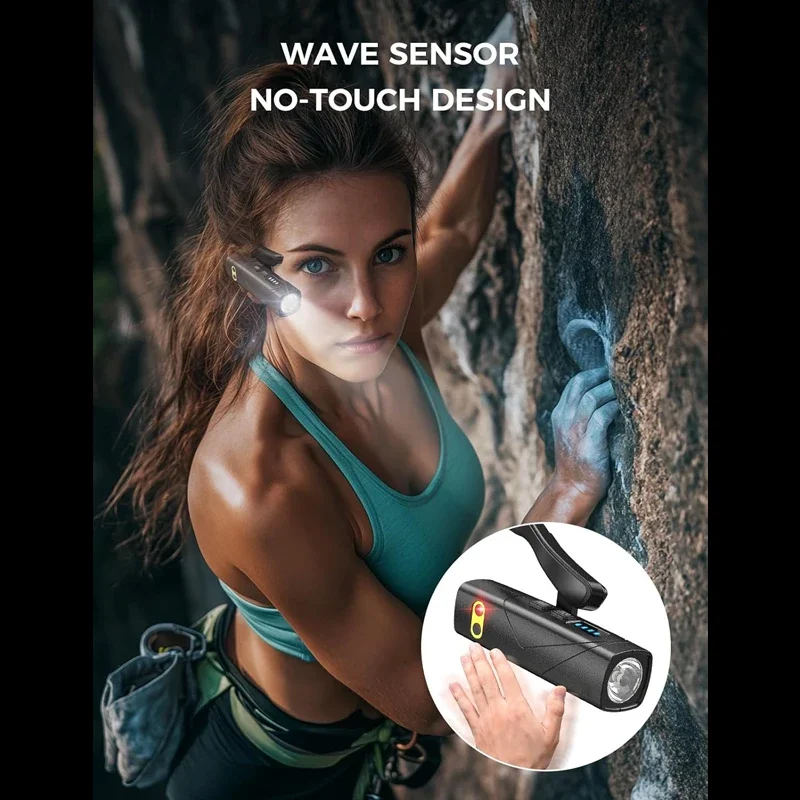 كشافات LED قابلة لإعادة الشحن مثبتة على الأذن مع ضوء أحمر، مستشعر حركة، شحن USB للعمل والتخييم والمشي لمسافات طويلة والجري