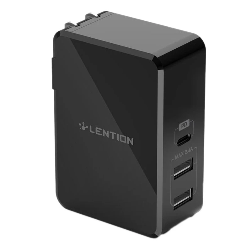 LENTION 45W 3 Ports USB-C Power Delivery Charger with Fast Charge PD Adapter for iPhone Xs/Max/XR/X/8,Black(US Plug)