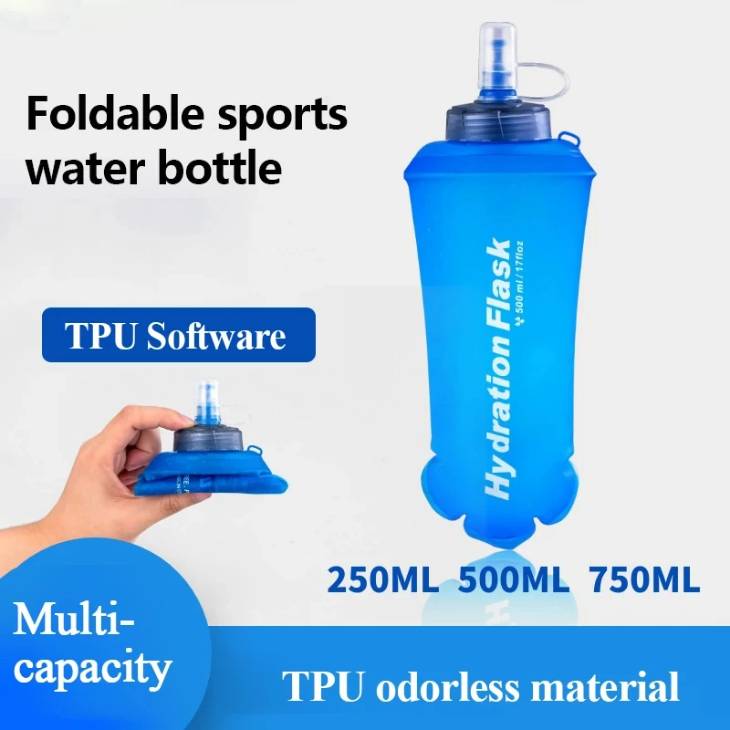 250/500/750ml TPU Outdoor Sport Bottle Folding Soft Flask Drink Water Bottle Running Camping Hiking Bicycle Fitness Water Bag