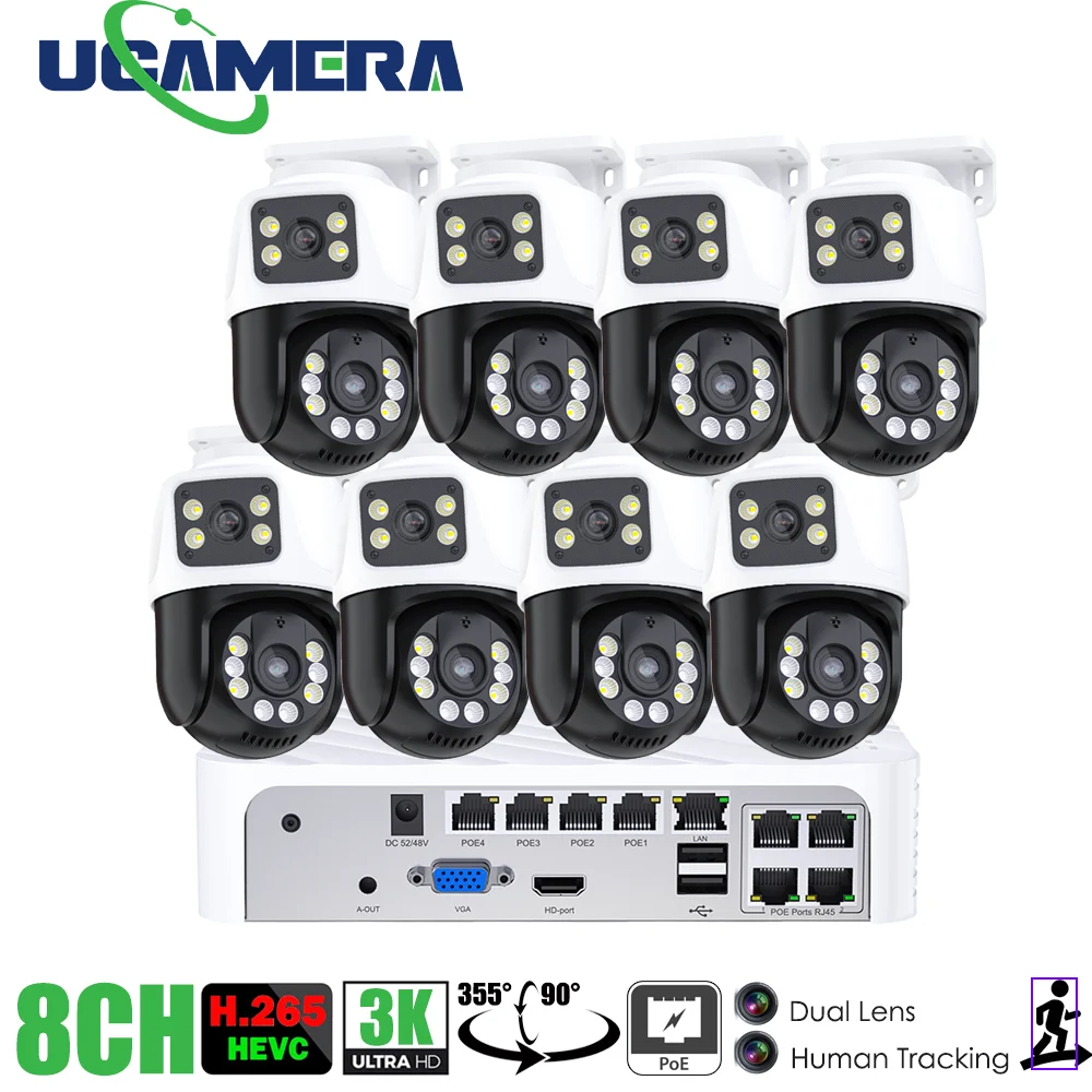 3K 6MP POE HD Surveillance 8CH Camera System Dual Lens Dual LEDs PTZ IP Home Security 8CH POE NVR Video H.265 CCTV Kit