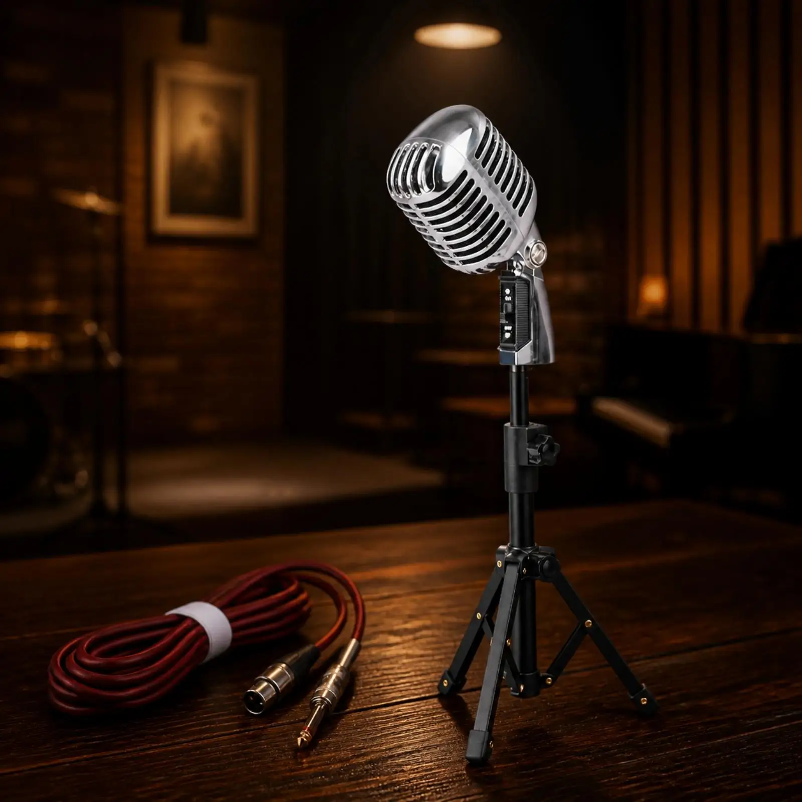 Omnidirectional Dynamic Stage Microphone Retro Metal Housing Wired Vocal Mic with Adjustable Desk Stand for Singing Practice and