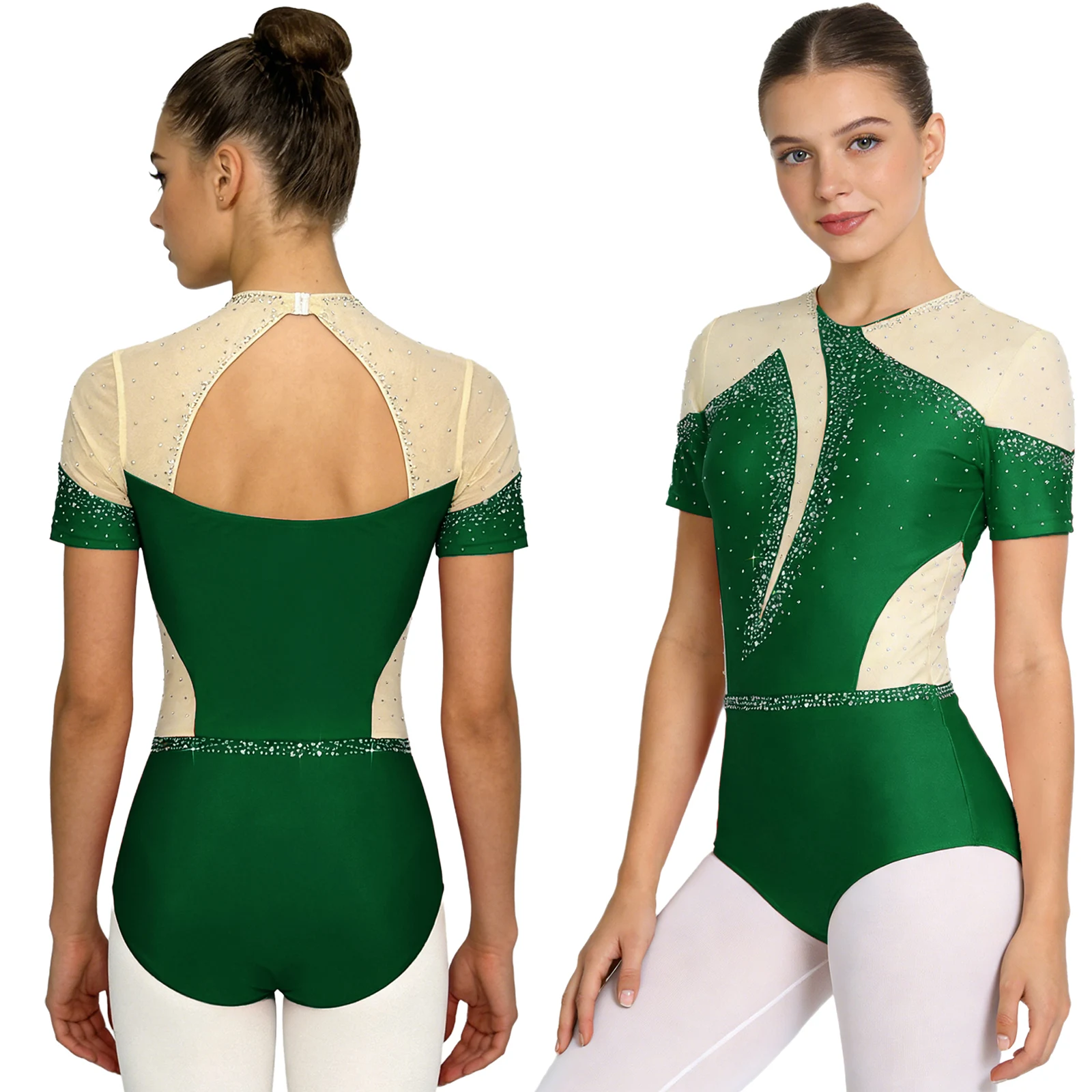 Damski trykot gimnastyczny do tańca lirycznego, baletu, z cekinami, przezroczystymi wstawkami z siateczki, krótkim rękawem, strój do tańca na lodzie, na występy sceniczne.