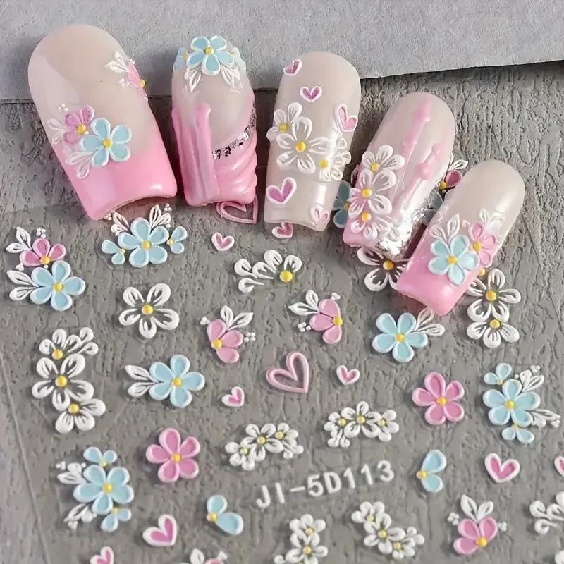 5D Embossed Floral Nail Sticker Spring with Pink Blue Petals Butterfly & French Line Nail Decals for DIY Manicure Decoration