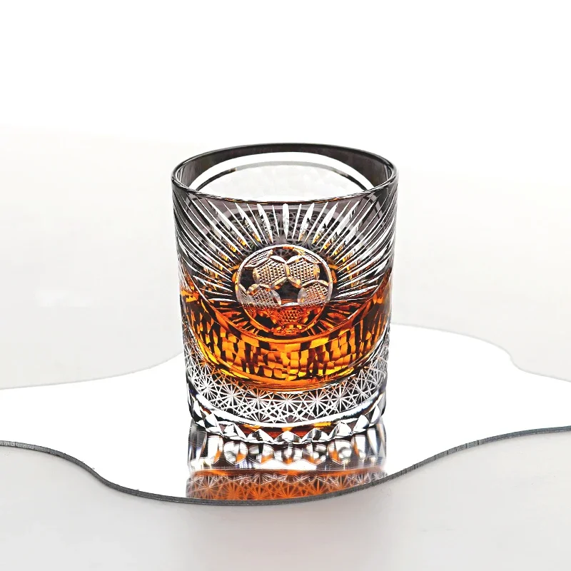 250 ml Black Handmade Football Design Whiskey Glass Tumbler Edo Kiriko Cut Black Colored Glass for Cold Drinks