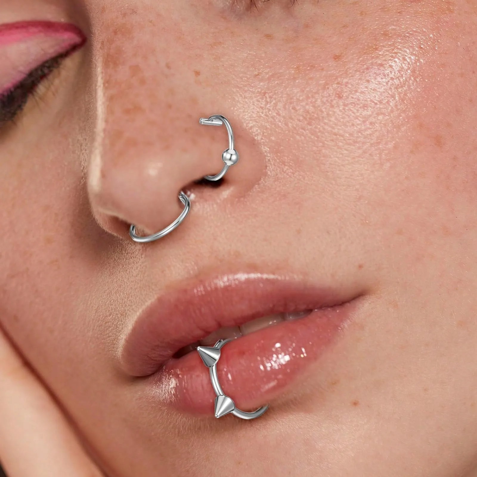 1 مجموعة الفضة وهمية الشفاه ثقب وهمية الشفاه الدائري للنساء الرجال ، الشفاه الأصفاد كليب على فو ثعبان لدغات الأطواق غير الثقب مجوهرات #2